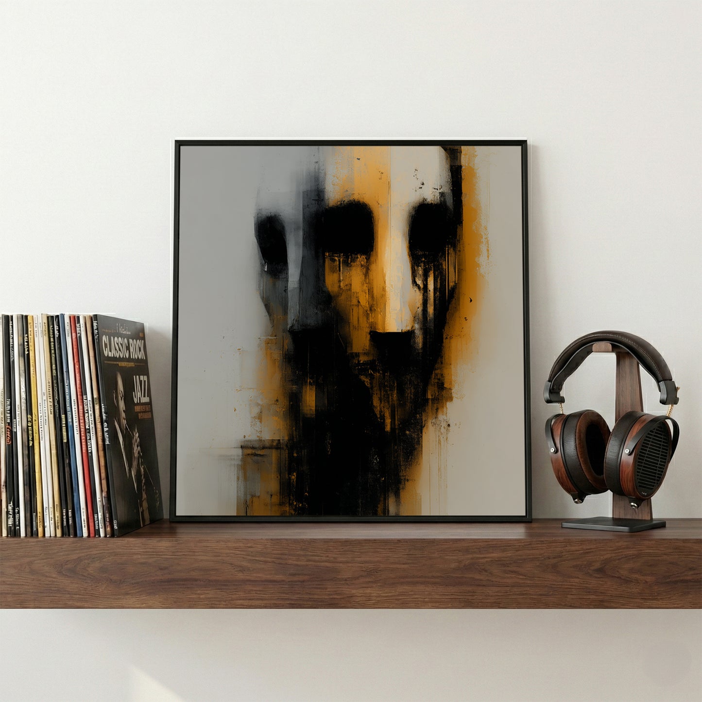 Dark Faceless Figure Abstract framed canvas wall art print in a gallery-style display