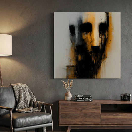 Dark Faceless Figure Abstract canvas wall art print displayed in a styled living room
