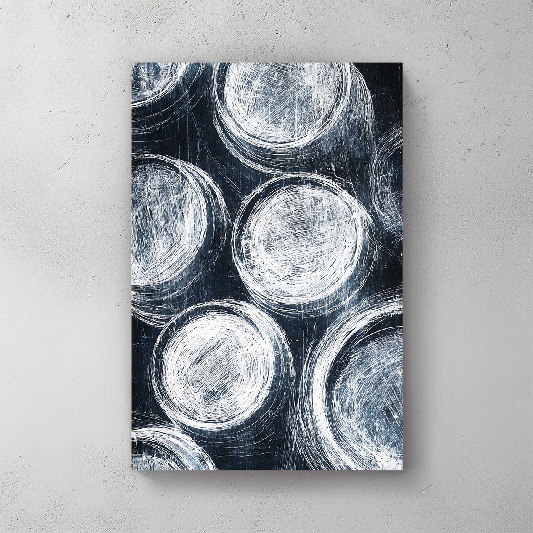 navy blue and white textured circles in chalk/charcoal style, repeating pattern, minimalist abstract — canvas wall art print