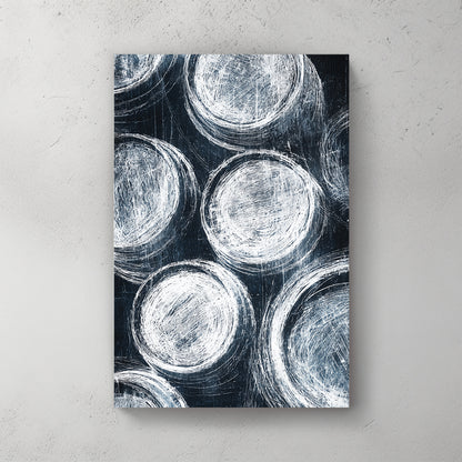 navy blue and white textured circles in chalk/charcoal style, repeating pattern, minimalist abstract — canvas wall art print