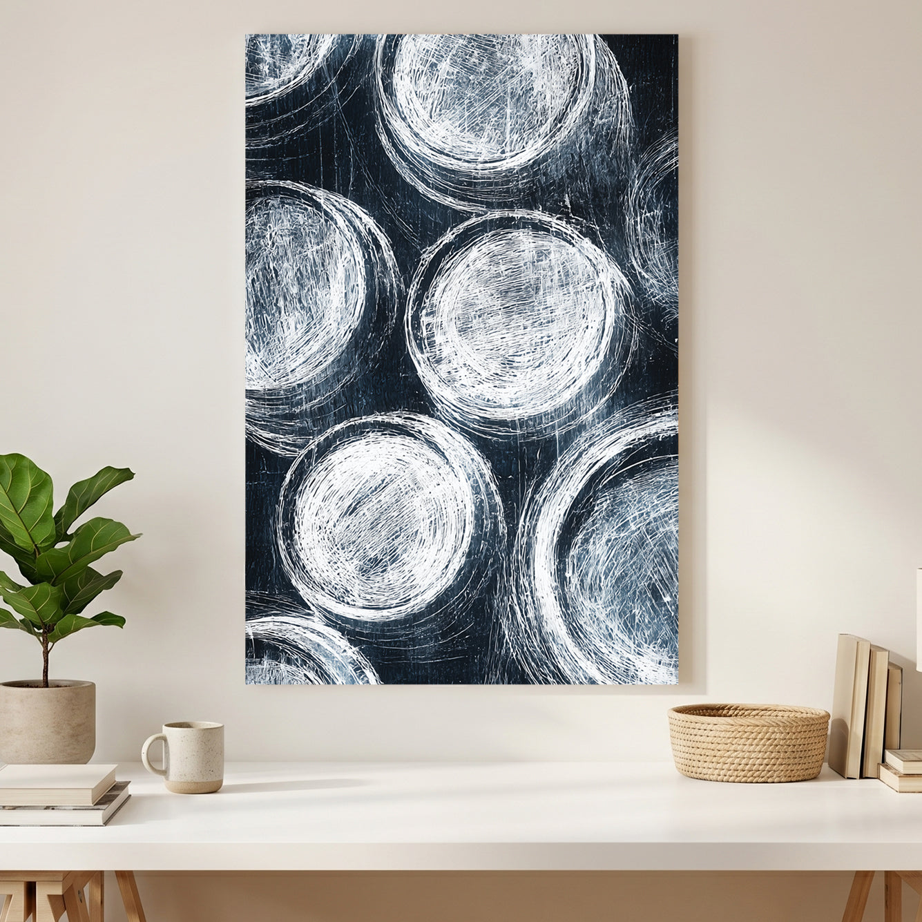 Navy Blue Circles Abstract canvas wall art print styled in a modern interior