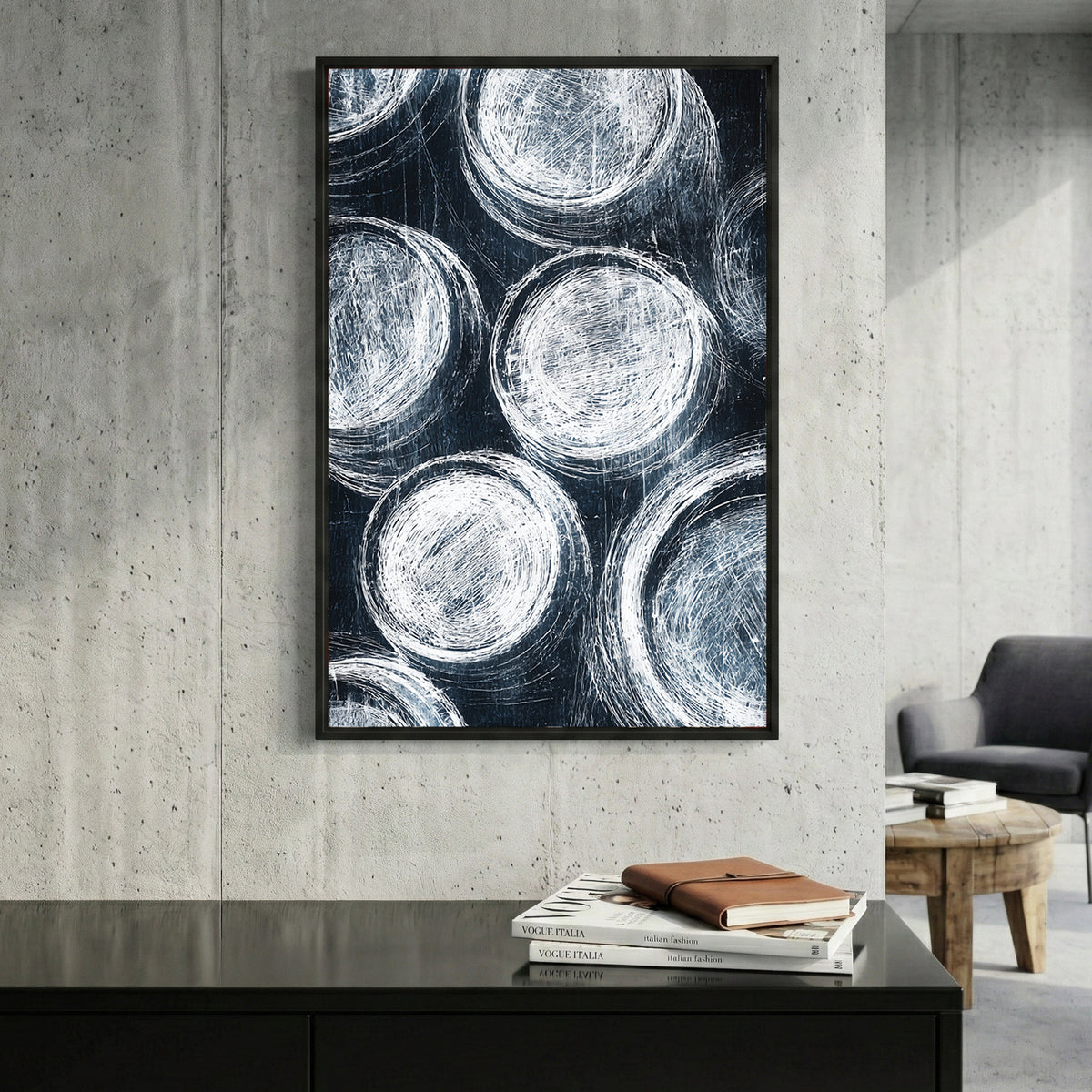 Navy Blue Circles Abstract framed canvas wall art print in a gallery-style display