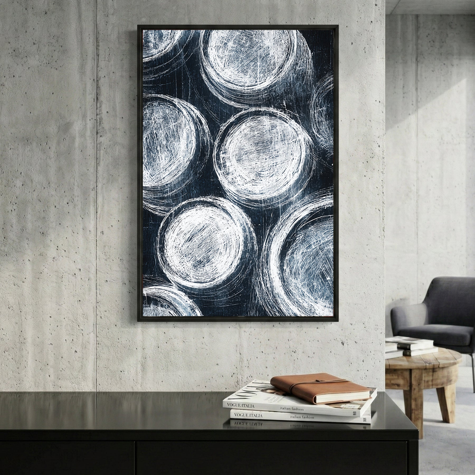 Navy Blue Circles Abstract framed canvas wall art print in a gallery-style display