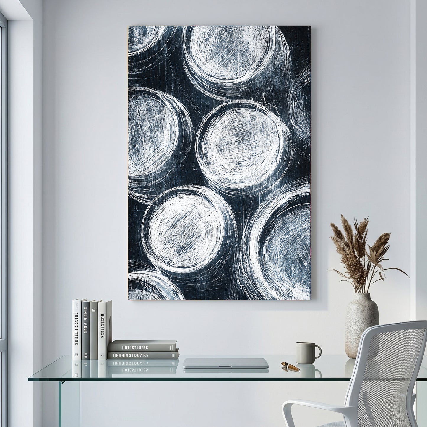 Navy Blue Circles Abstract canvas wall art print displayed in a styled living room