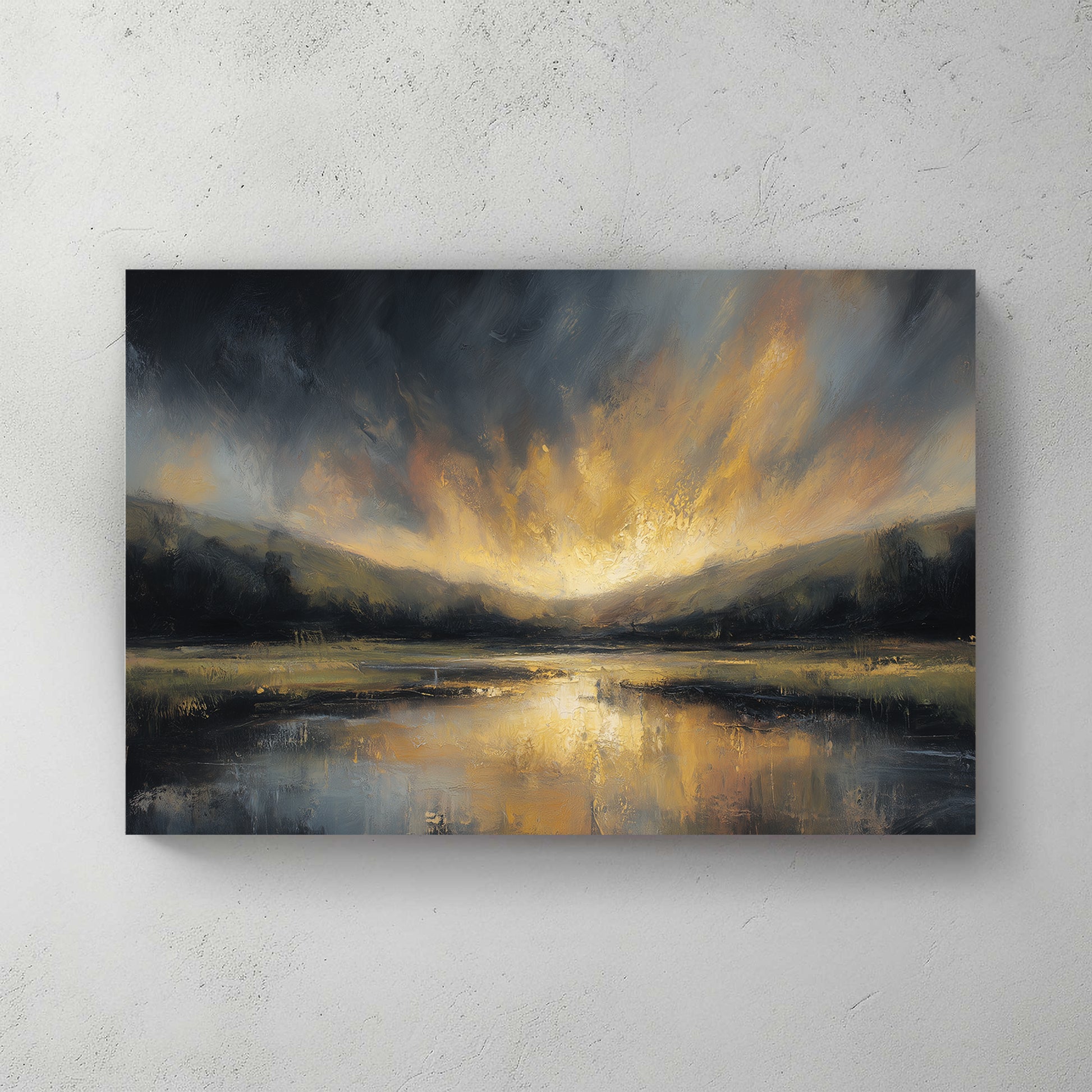 moody lake landscape at sunset, dark mountains, golden light breaking through grey clouds, oil painting — canvas wall art print