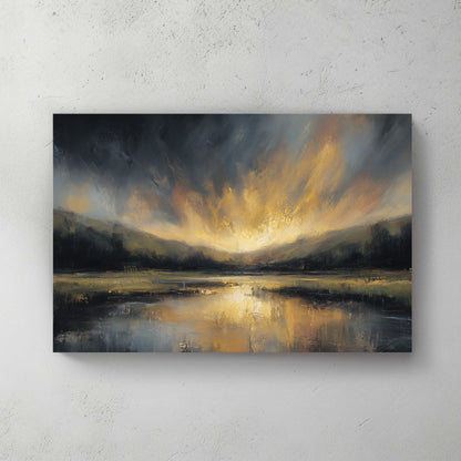 moody lake landscape at sunset, dark mountains, golden light breaking through grey clouds, oil painting — canvas wall art print