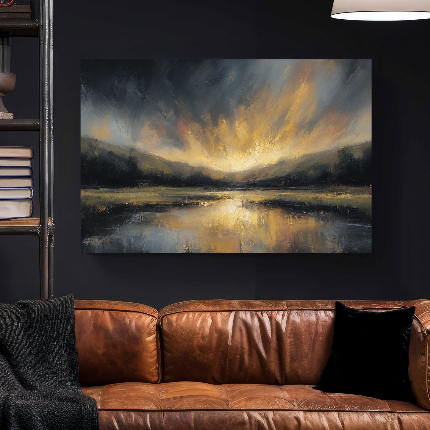 Golden Sunset Lake Moody Landscape Painting canvas wall art print styled in a modern interior