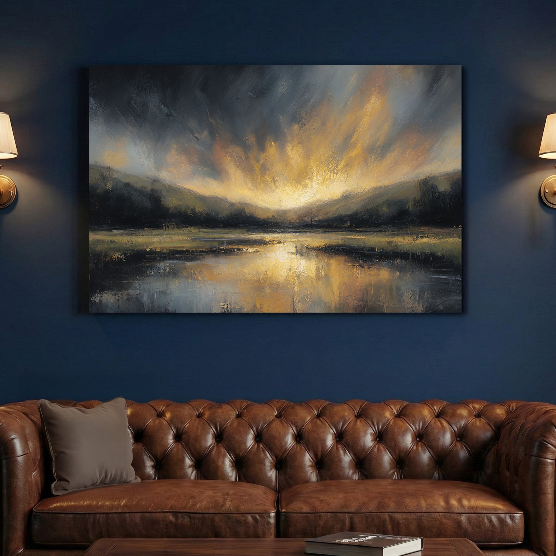 Golden Sunset Lake Moody Landscape Painting canvas wall art print above a sofa in a contemporary living room