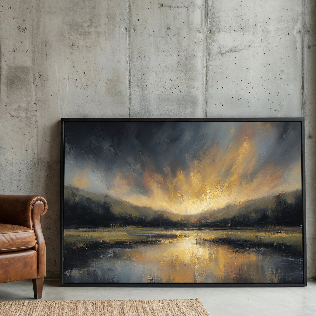 Golden Sunset Lake Moody Landscape Painting framed canvas wall art print in a gallery-style display
