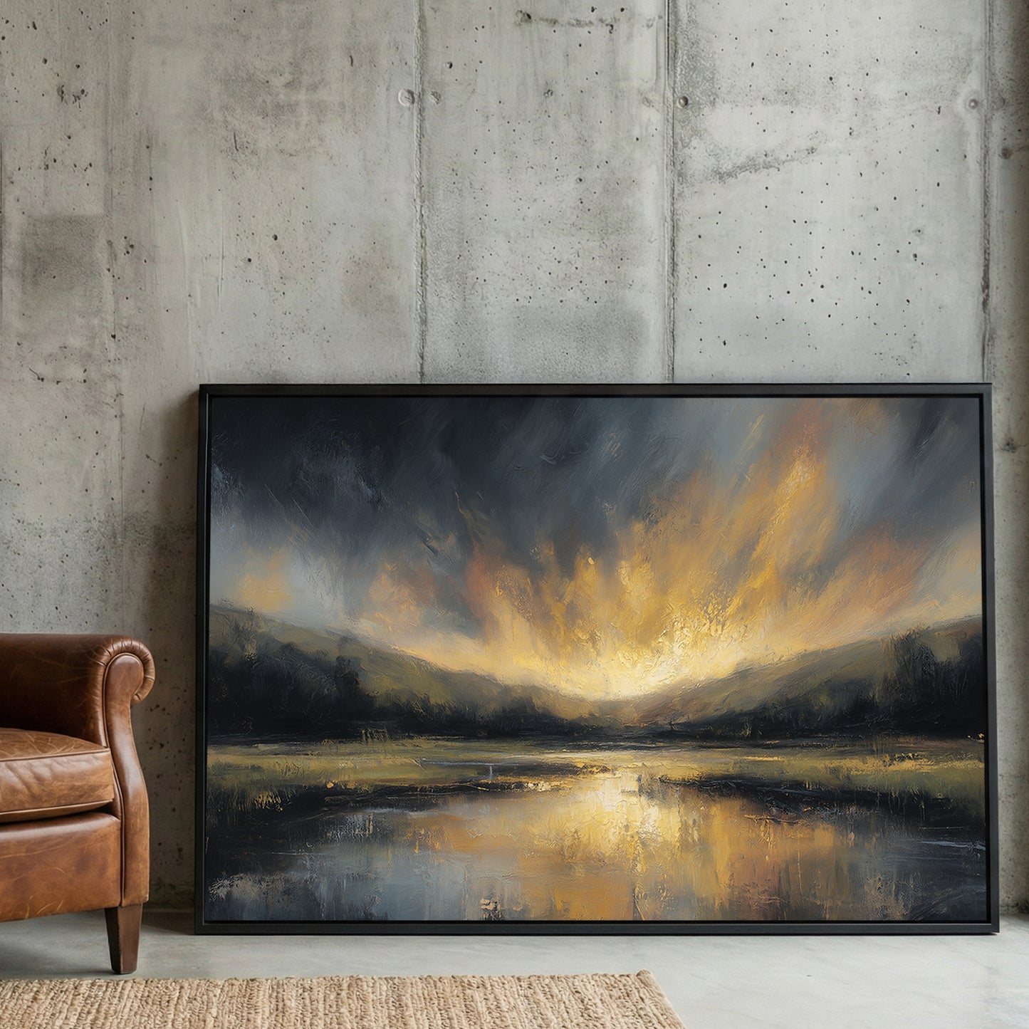 Golden Sunset Lake Moody Landscape Painting framed canvas wall art print in a gallery-style display