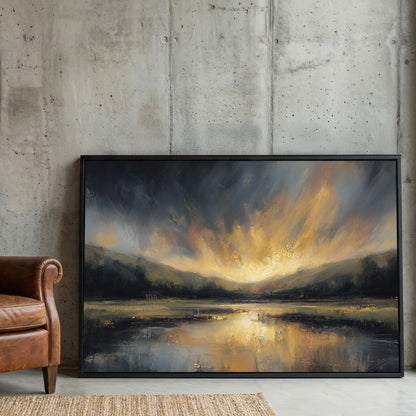 Golden Sunset Lake Moody Landscape Painting framed canvas wall art print in a gallery-style display