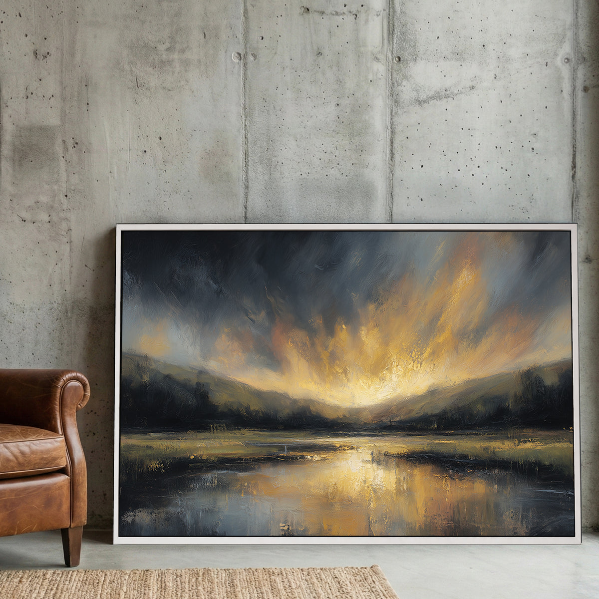 Golden Sunset Lake Moody Landscape Painting canvas wall art print displayed in a styled living room