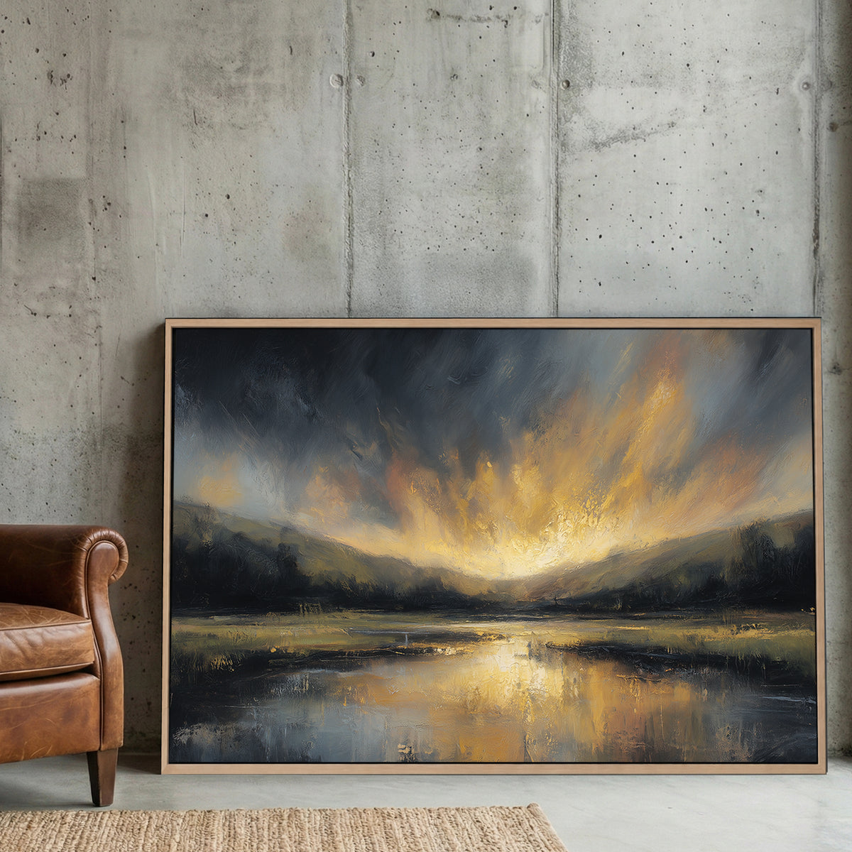 Golden Sunset Lake Moody Landscape Painting canvas wall art print displayed in a styled living room