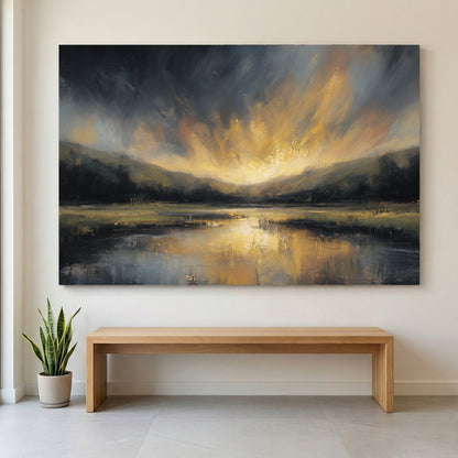 Golden Sunset Lake Moody Landscape Painting canvas wall art print displayed in a styled living room