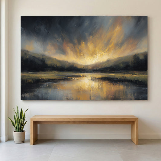 Golden Sunset Lake Moody Landscape Painting canvas wall art print displayed in a styled living room