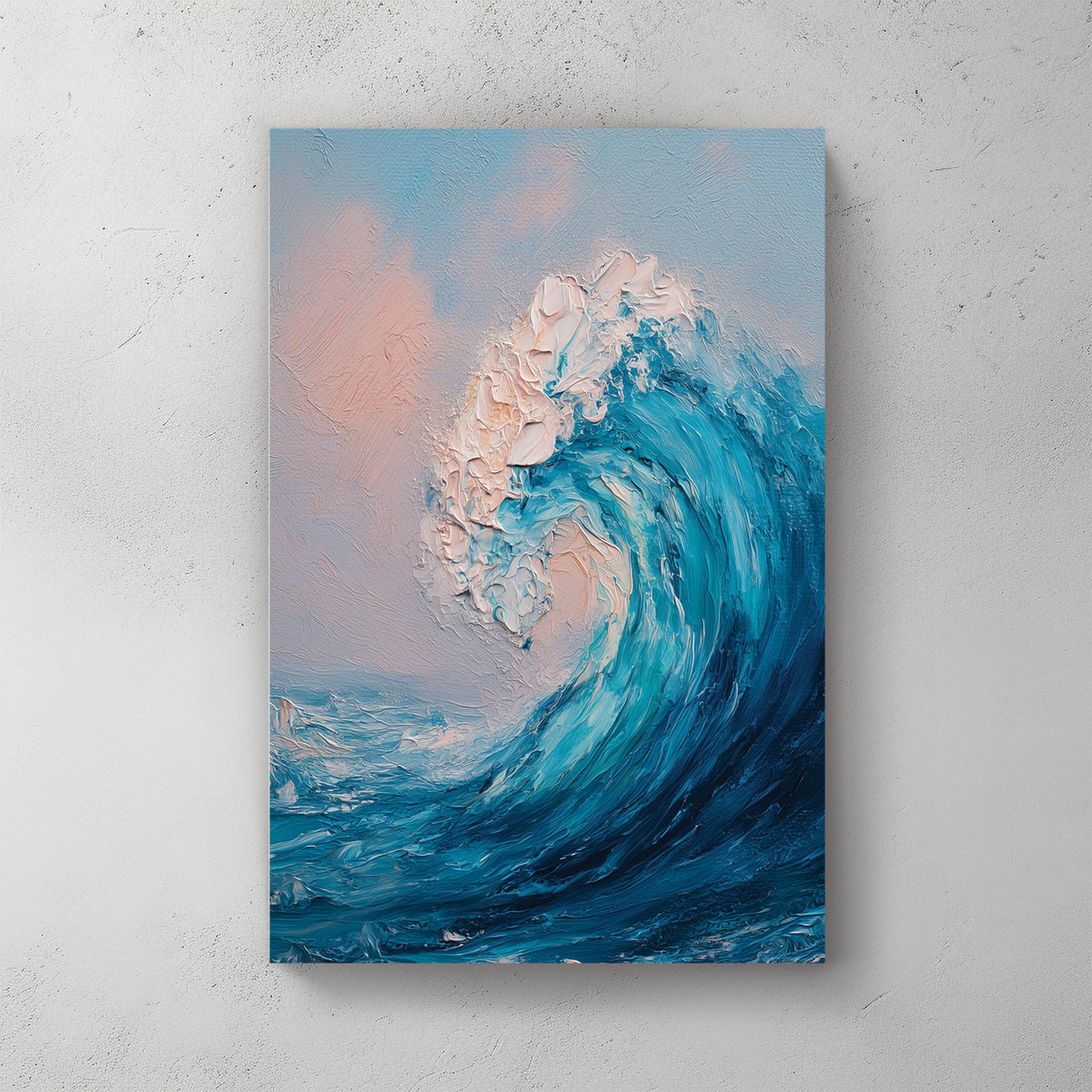 Single cresting ocean wave, thick palette knife strokes, deep teal water and soft pink sky — canvas wall art print