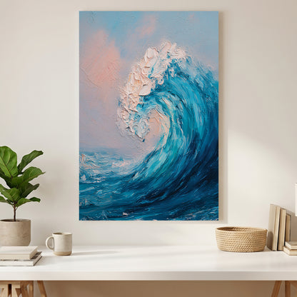 Ocean Wave Blue Pink Sky Oil Painting canvas wall art print styled in a modern interior