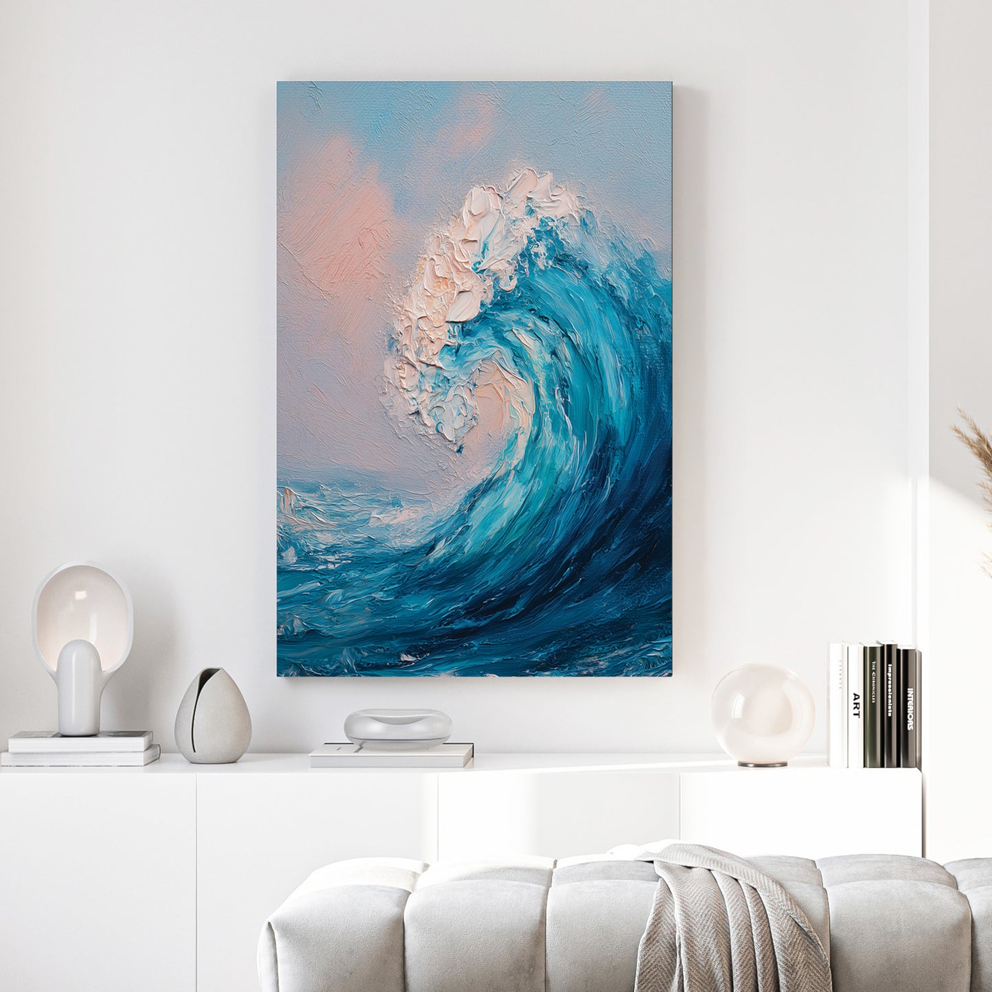 Ocean Wave Blue Pink Sky Oil Painting canvas wall art print above a sofa in a contemporary living room