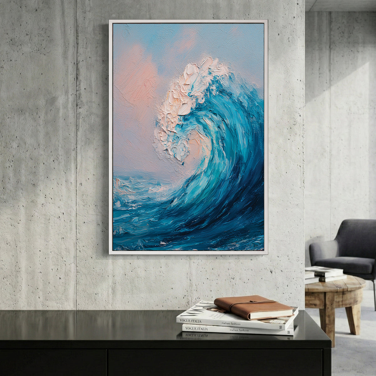 Ocean Wave Blue Pink Sky Oil Painting canvas wall art print displayed in a styled living room