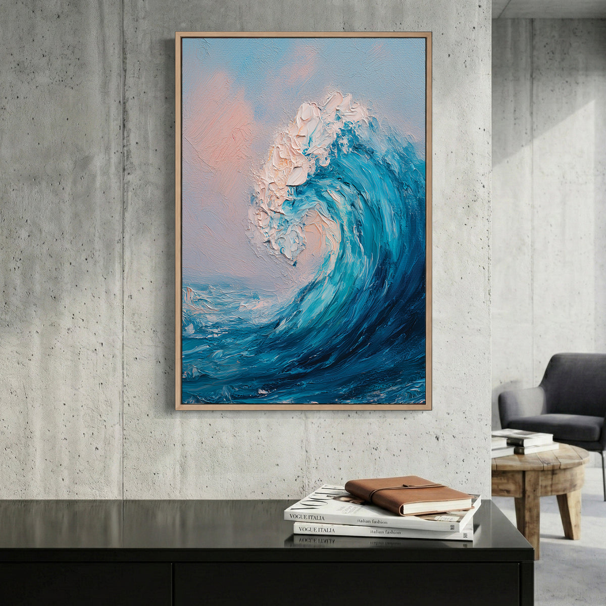 Ocean Wave Blue Pink Sky Oil Painting canvas wall art print displayed in a styled living room