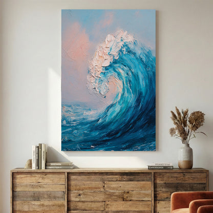 Ocean Wave Blue Pink Sky Oil Painting canvas wall art print displayed in a styled living room