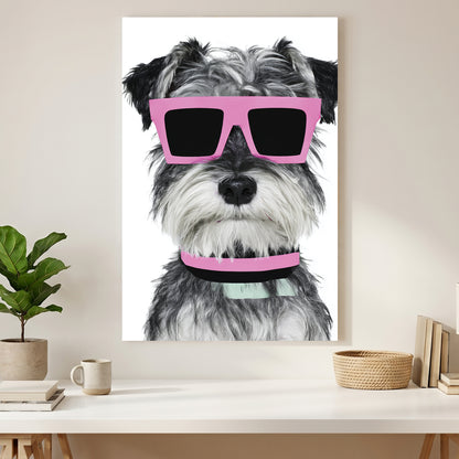 Schnauzer Dog Pink Sunglasses canvas wall art print styled in a modern interior