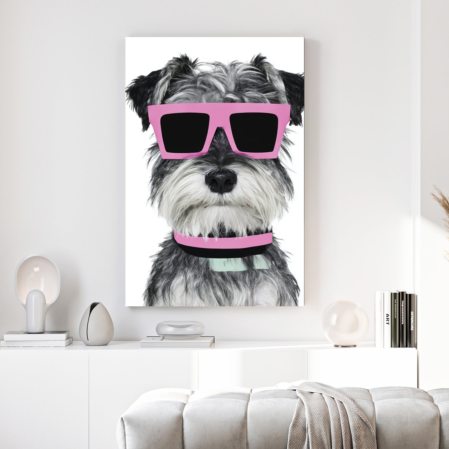 Schnauzer Dog Pink Sunglasses canvas wall art print above a sofa in a contemporary living room
