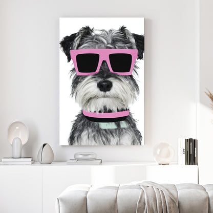 Schnauzer Dog Pink Sunglasses canvas wall art print above a sofa in a contemporary living room