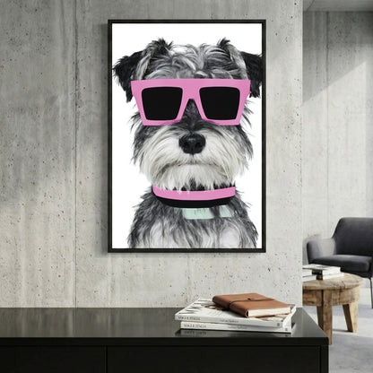 Schnauzer Dog Pink Sunglasses framed canvas wall art print in a gallery-style display