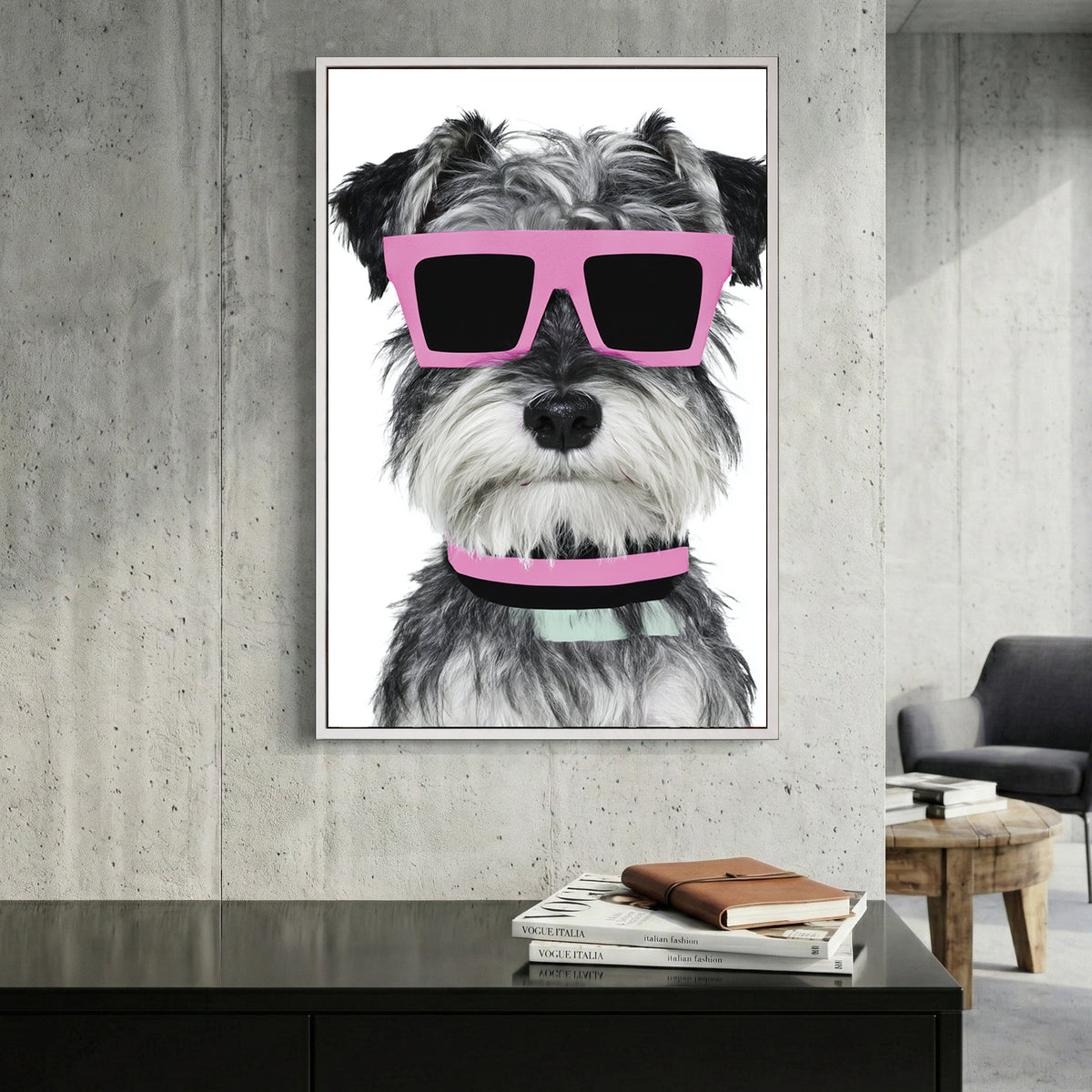 Schnauzer Dog Pink Sunglasses canvas wall art print displayed in a styled living room