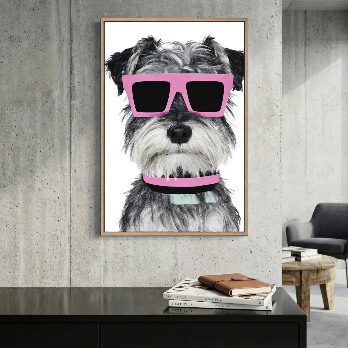 Schnauzer Dog Pink Sunglasses canvas wall art print displayed in a styled living room