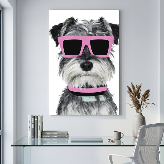 Schnauzer Dog Pink Sunglasses canvas wall art print displayed in a styled living room