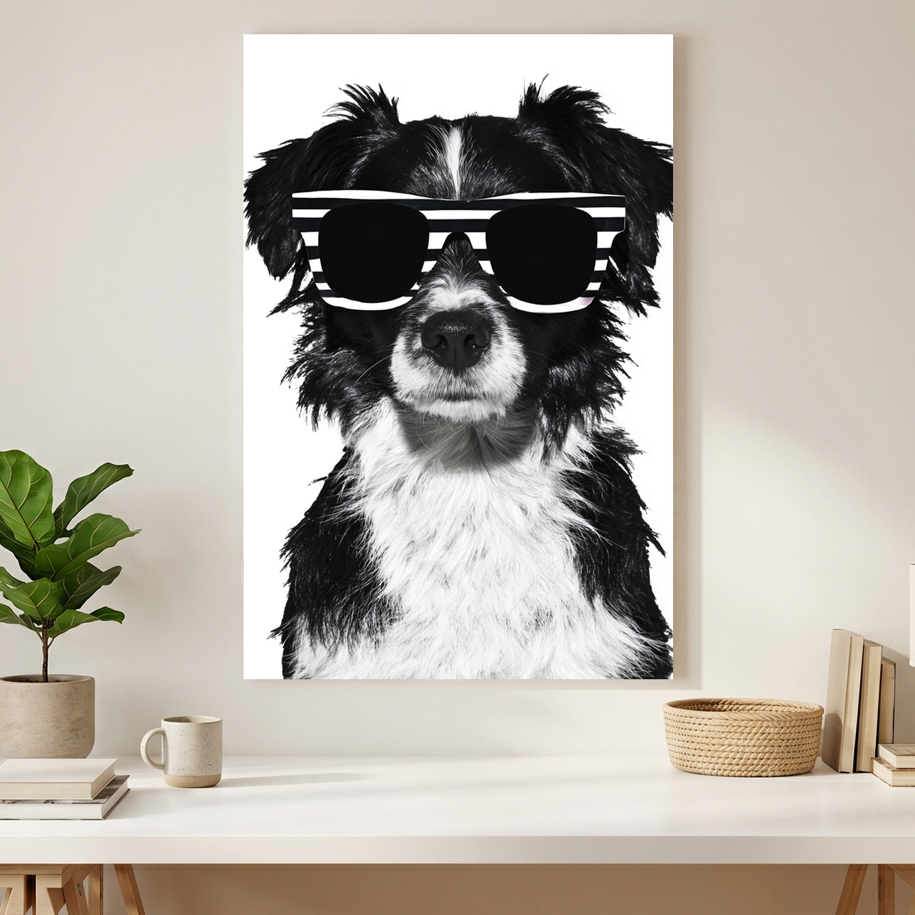Cool Dog Sunglasses canvas wall art print styled in a modern interior