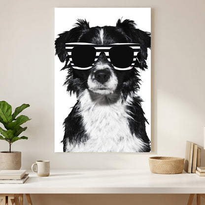 Cool Dog Sunglasses canvas wall art print styled in a modern interior