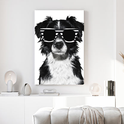 Cool Dog Sunglasses canvas wall art print above a sofa in a contemporary living room