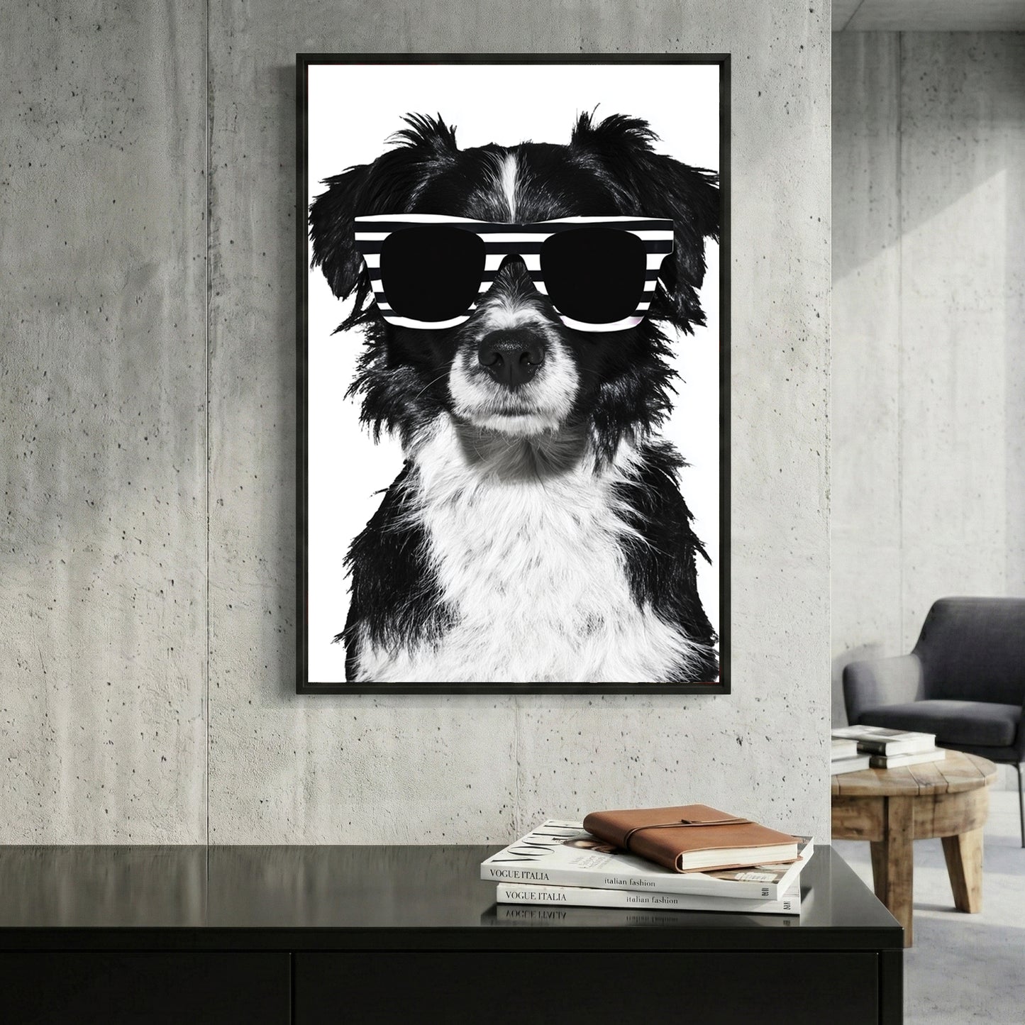 Cool Dog Sunglasses framed canvas wall art print in a gallery-style display