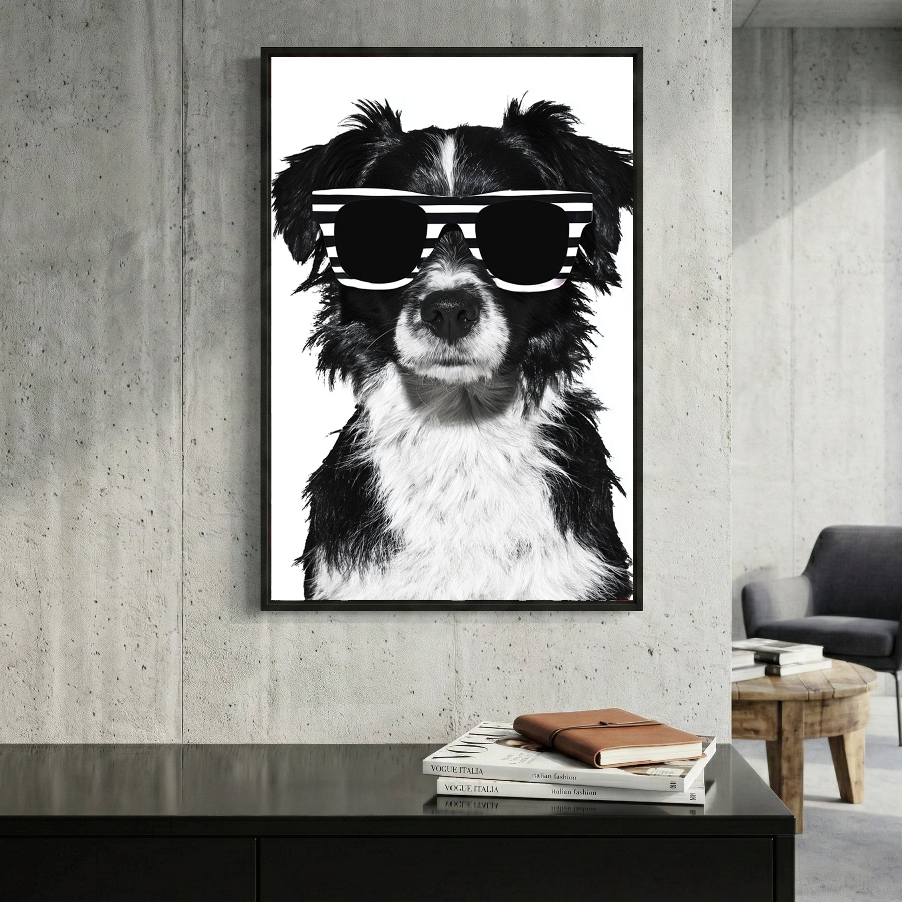 Cool Dog Sunglasses framed canvas wall art print in a gallery-style display