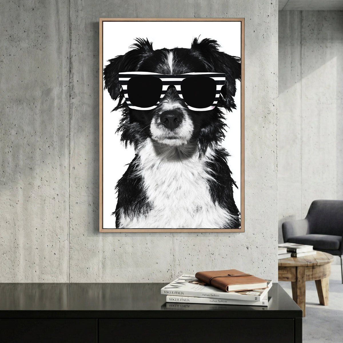 Cool Dog Sunglasses canvas wall art print displayed in a styled living room
