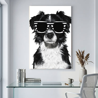 Cool Dog Sunglasses canvas wall art print displayed in a styled living room