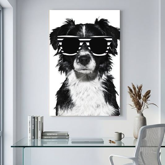 Cool Dog Sunglasses canvas wall art print displayed in a styled living room