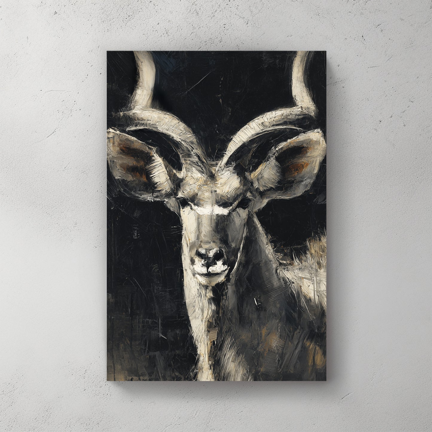 Kudu antelope portrait, large spiral horns, dark moody background, painterly — canvas wall art print