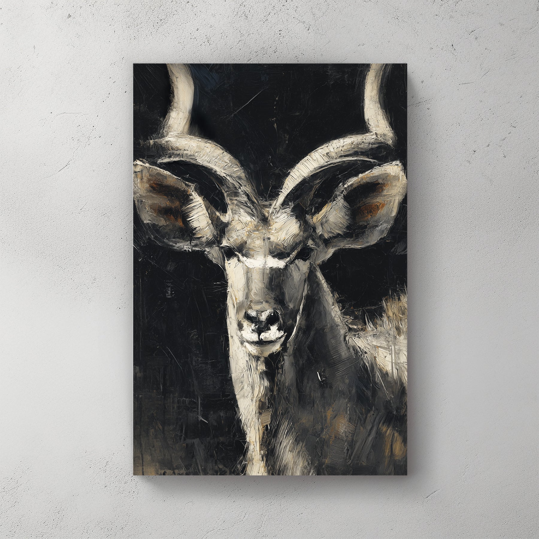 Kudu antelope portrait, large spiral horns, dark moody background, painterly — canvas wall art print