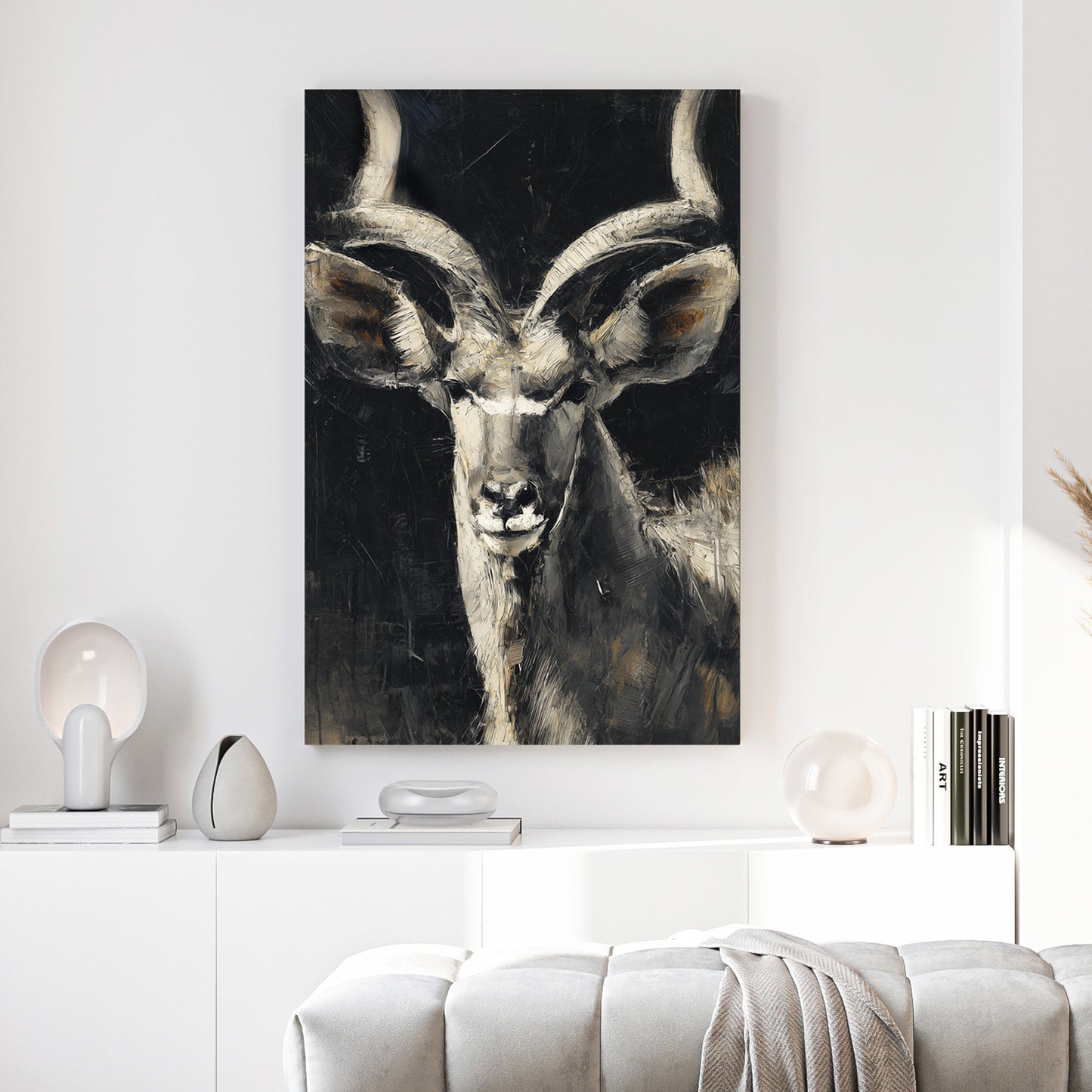 Kudu Antelope Portrait Painting canvas wall art print above a sofa in a contemporary living room