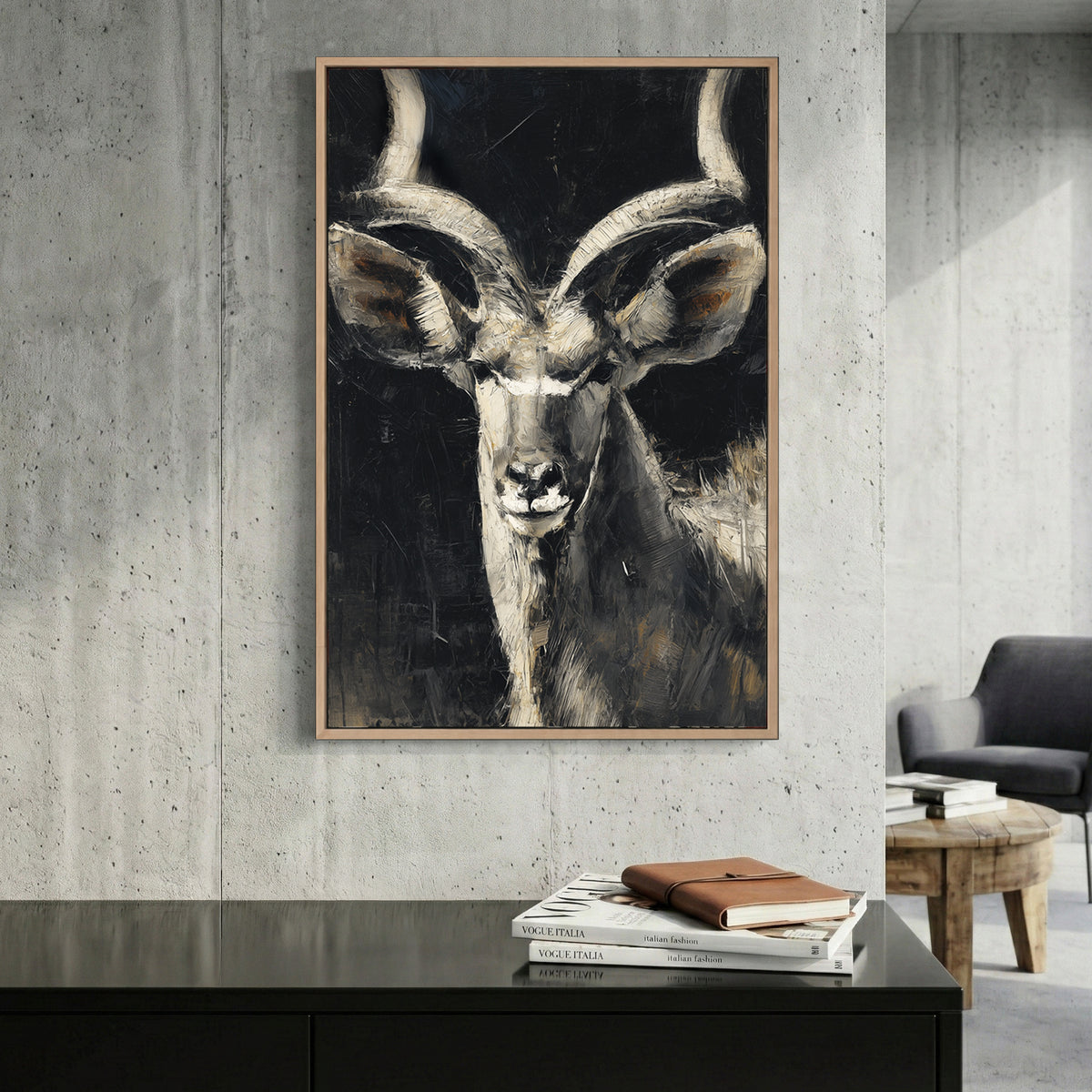 Kudu Antelope Portrait Painting canvas wall art print displayed in a styled living room