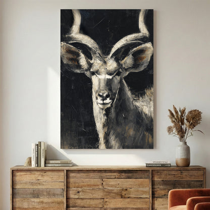 Kudu Antelope Portrait Painting canvas wall art print displayed in a styled living room