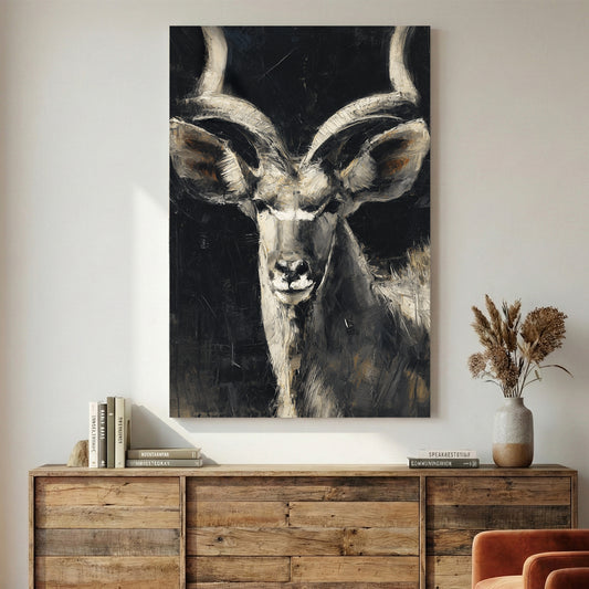 Kudu Antelope Portrait Painting canvas wall art print displayed in a styled living room