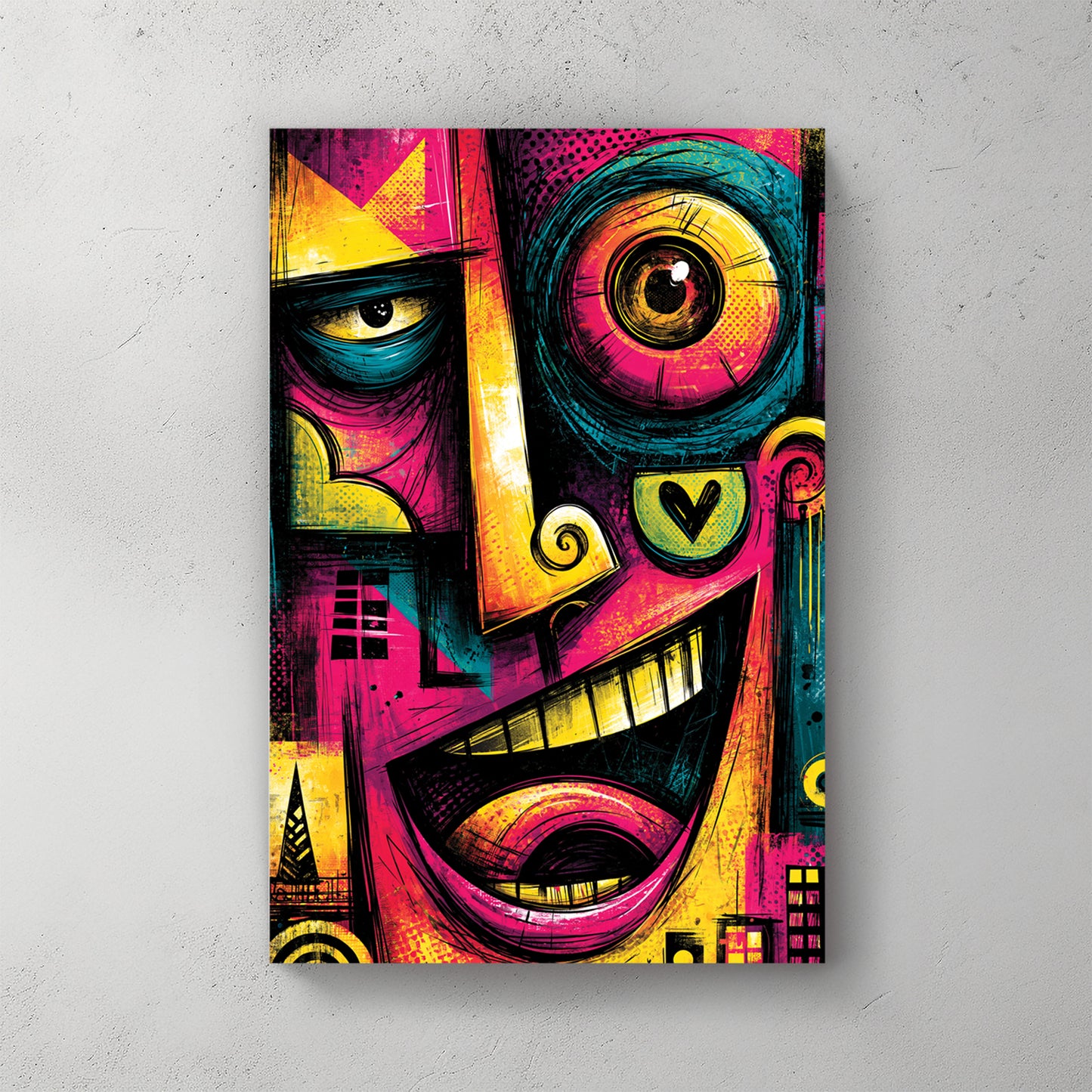Pop art graffiti face, pink yellow teal colours, cubist style, laughing mouth, geometric eye, crown — canvas wall art print