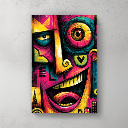 Pop art graffiti face, pink yellow teal colours, cubist style, laughing mouth, geometric eye, crown — canvas wall art print