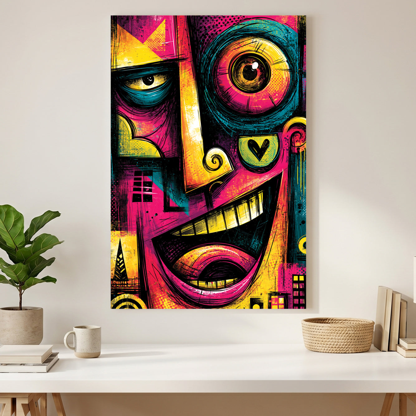 Neon Graffiti Face Pop Art canvas wall art print styled in a modern interior