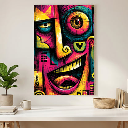 Neon Graffiti Face Pop Art canvas wall art print styled in a modern interior